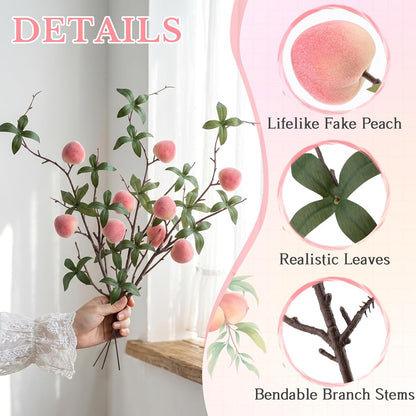 5 Pcs Fake Peach Branch Decoration Mini Artificial Peaches Fruit Stem Bouquet Realistic Lifelike Simulation Branches Model for Vase Window Display