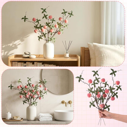 5 Pcs Fake Peach Branch Decoration Mini Artificial Peaches Fruit Stem Bouquet Realistic Lifelike Simulation Branches Model for Vase Window Display