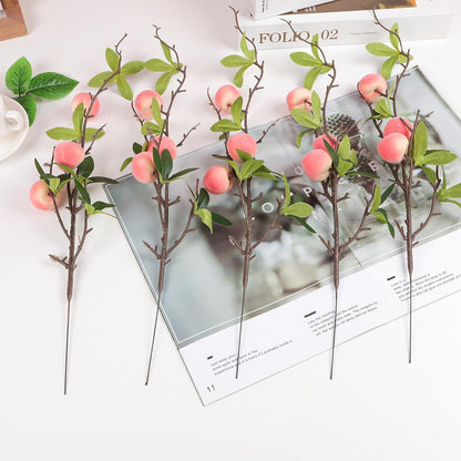 5 Pcs Fake Peach Branch Decoration Mini Artificial Peaches Fruit Stem Bouquet Realistic Lifelike Simulation Branches Model for Vase Window Display
