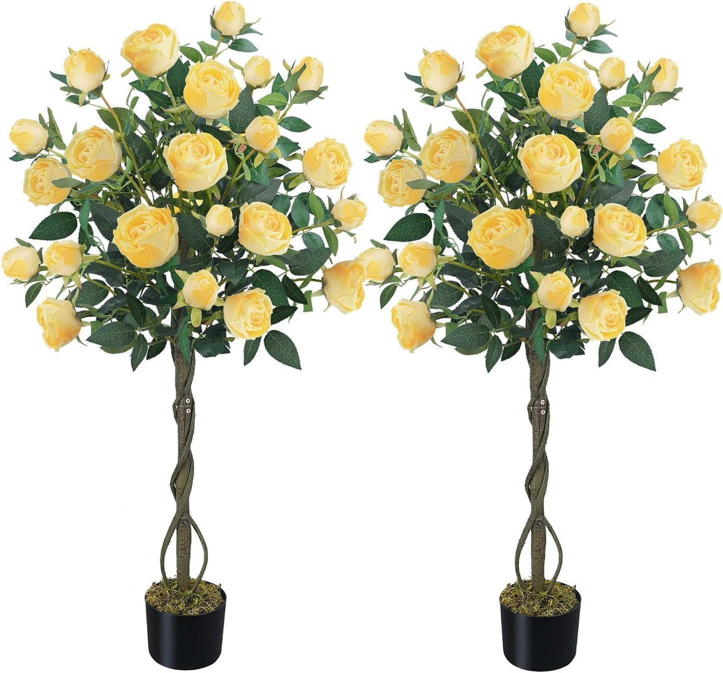 4FT Artificial Outdoor Trees Rose Tree Yellow Floral Tree | with 52 Blooming Artificial Flower for Home Decor Indoor Farmhouse Front Porch Yard Living Room Set of 2