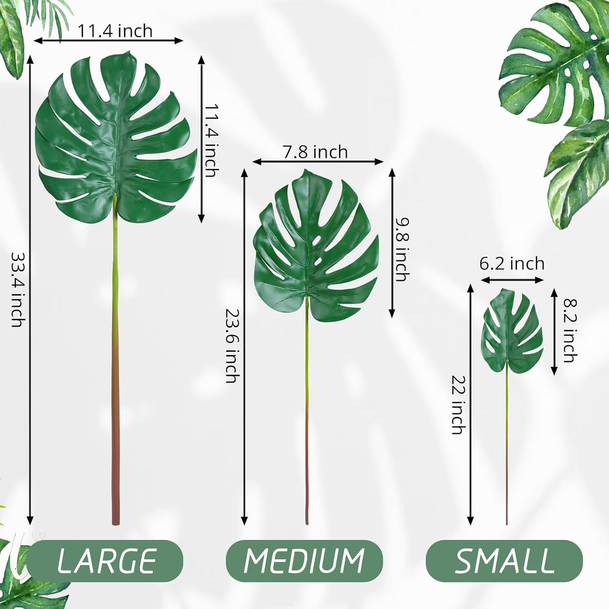Artificial Monstera Leaves with Long Stem,Fake Tropical Palm Leaves for Hawaiian Luau Jungle Party Home Wedding Decor (Medium)