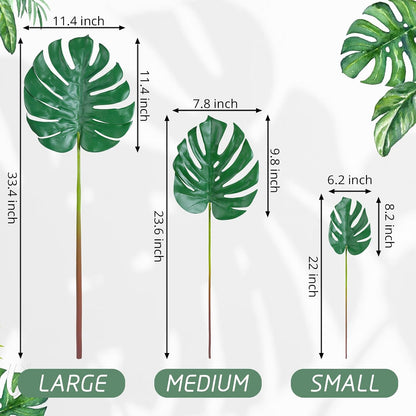 Artificial Monstera Leaves with Long Stem,Fake Tropical Palm Leaves for Hawaiian Luau Jungle Party Home Wedding Decor (Medium)