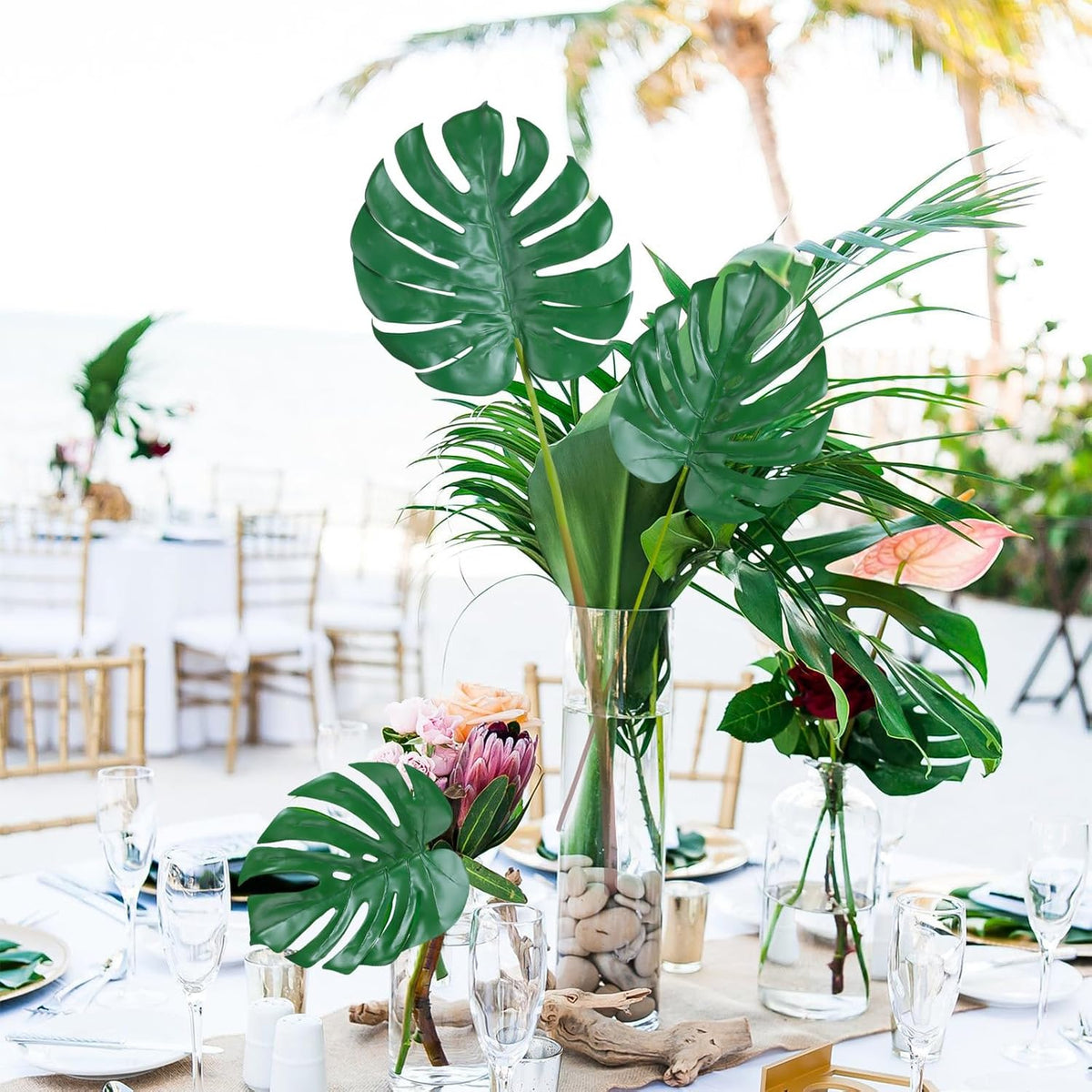 Artificial Monstera Leaves with Long Stem,Fake Tropical Palm Leaves for Hawaiian Luau Jungle Party Home Wedding Decor (Medium)