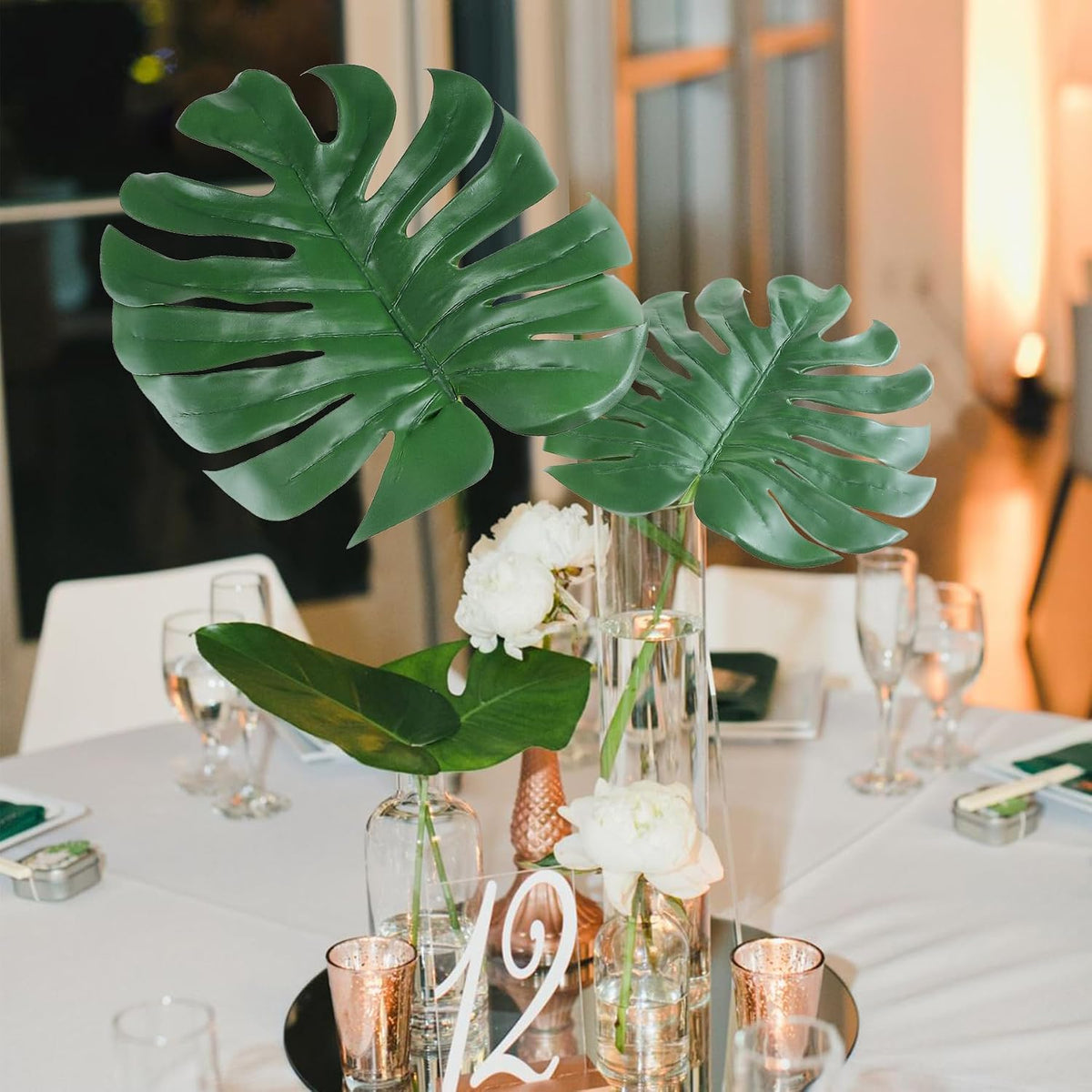 Artificial Monstera Leaves with Long Stem,Fake Tropical Palm Leaves for Hawaiian Luau Jungle Party Home Wedding Decor (Medium)