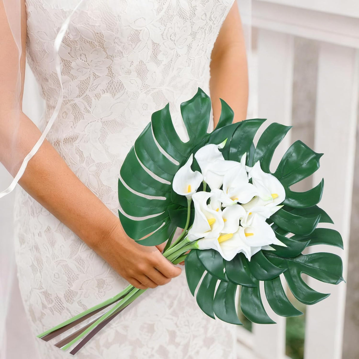 Artificial Monstera Leaves with Long Stem,Fake Tropical Palm Leaves for Hawaiian Luau Jungle Party Home Wedding Decor (Medium)