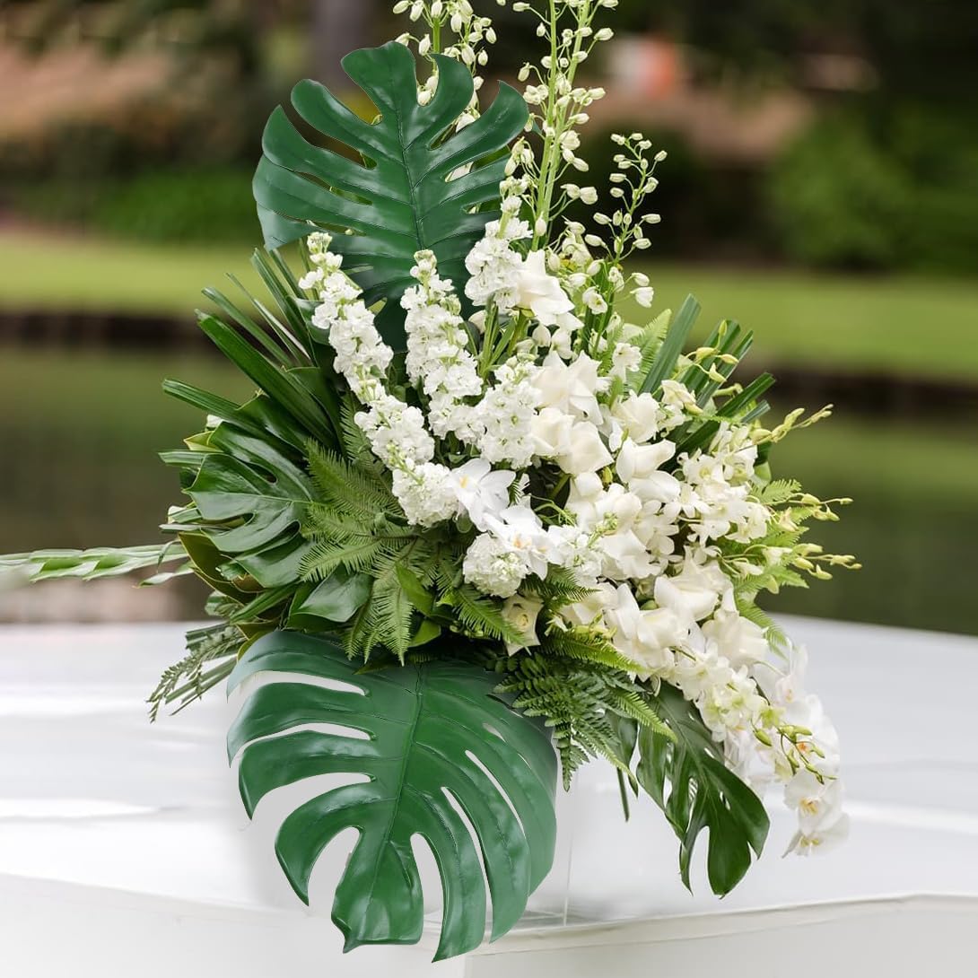 Artificial Monstera Leaves with Long Stem,Fake Tropical Palm Leaves for Hawaiian Luau Jungle Party Home Wedding Decor (Medium)