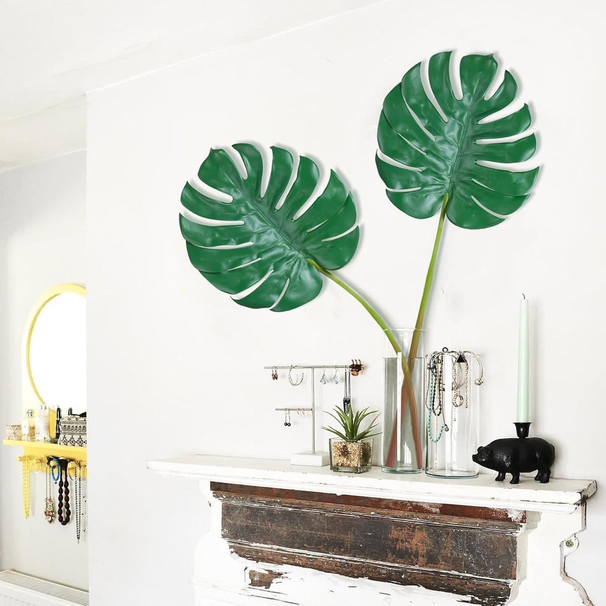 Artificial Monstera Leaves with Long Stem,Fake Tropical Palm Leaves for Hawaiian Luau Jungle Party Home Wedding Decor (Medium)