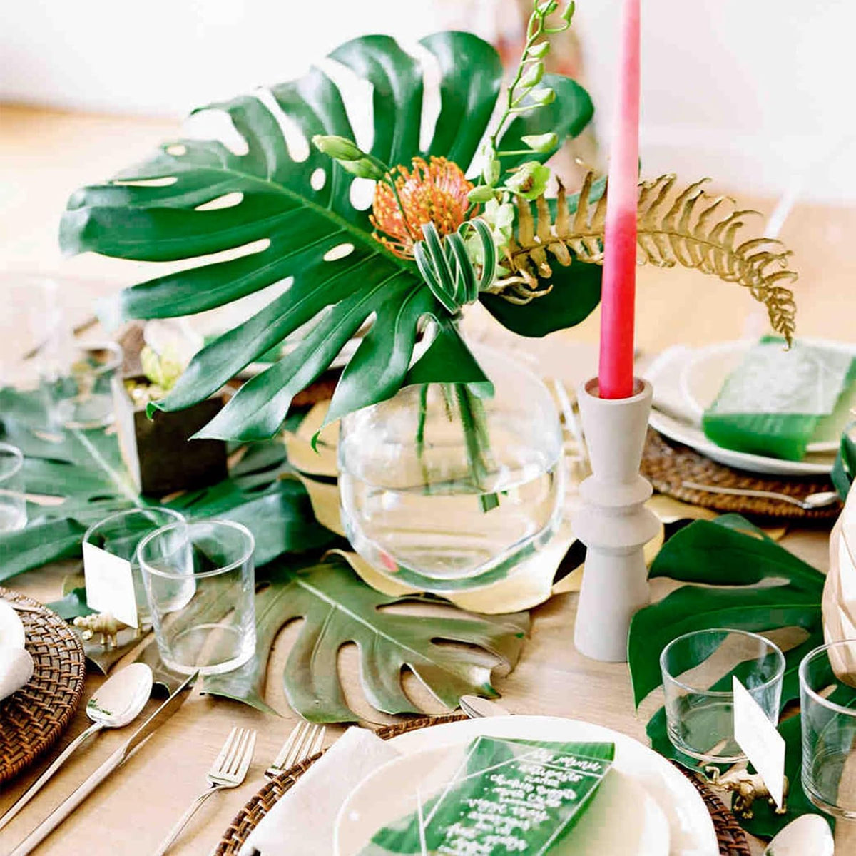 Artificial Monstera Leaves with Long Stem,Fake Tropical Palm Leaves for Hawaiian Luau Jungle Party Home Wedding Decor (Medium)