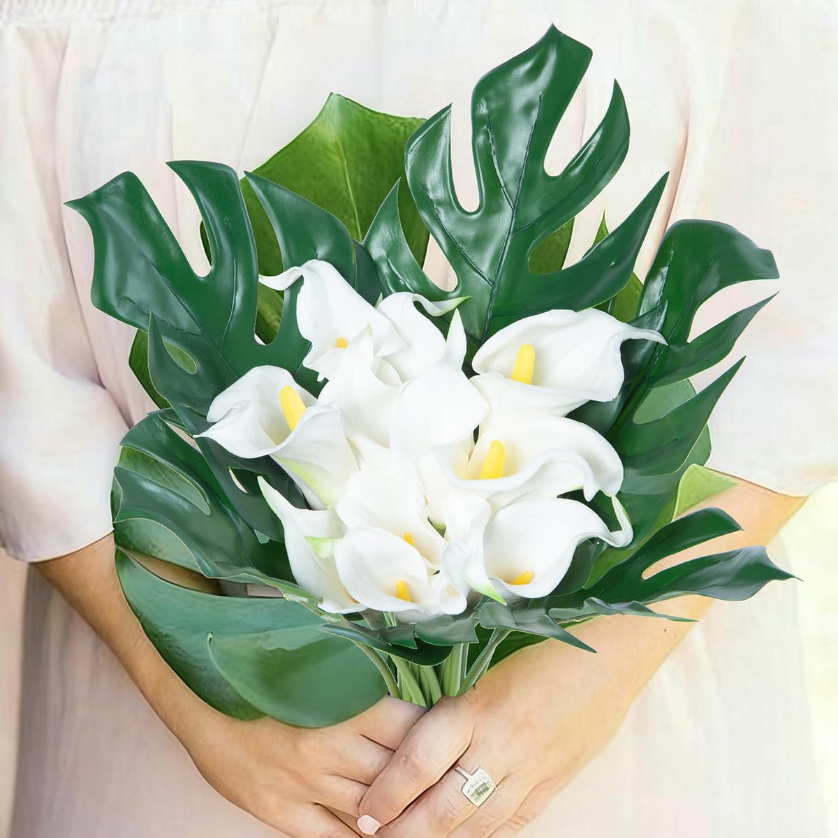 Artificial Monstera Leaves with Long Stem,Fake Tropical Palm Leaves for Hawaiian Luau Jungle Party Home Wedding Decor (Medium)