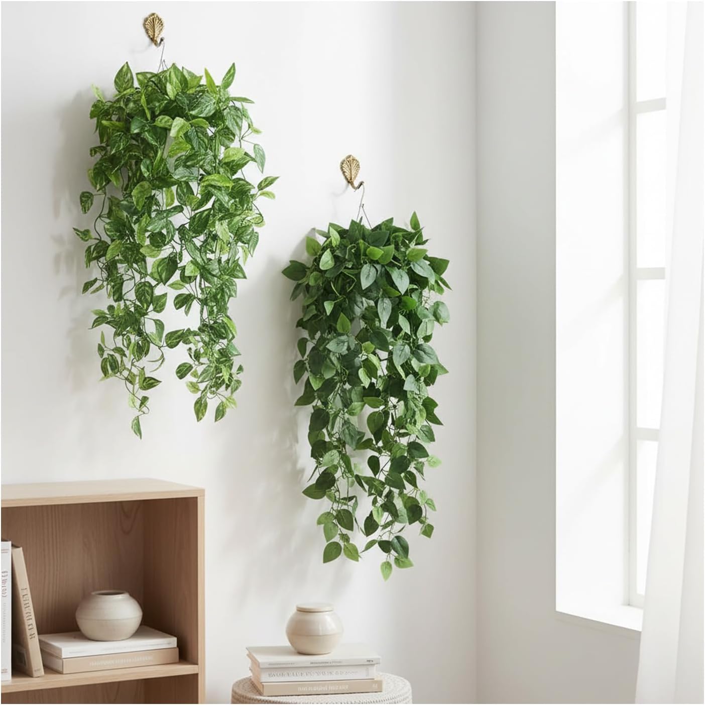 35.5" Artificial Pothos Ivy Plants Set of 2 with Pots, Fake Hanging Greenery Silk Leaves for Home Decor, Realistic Faux Plants for Shelf Tabletop Office, No Maintenance Needed (Light & Dark Green)