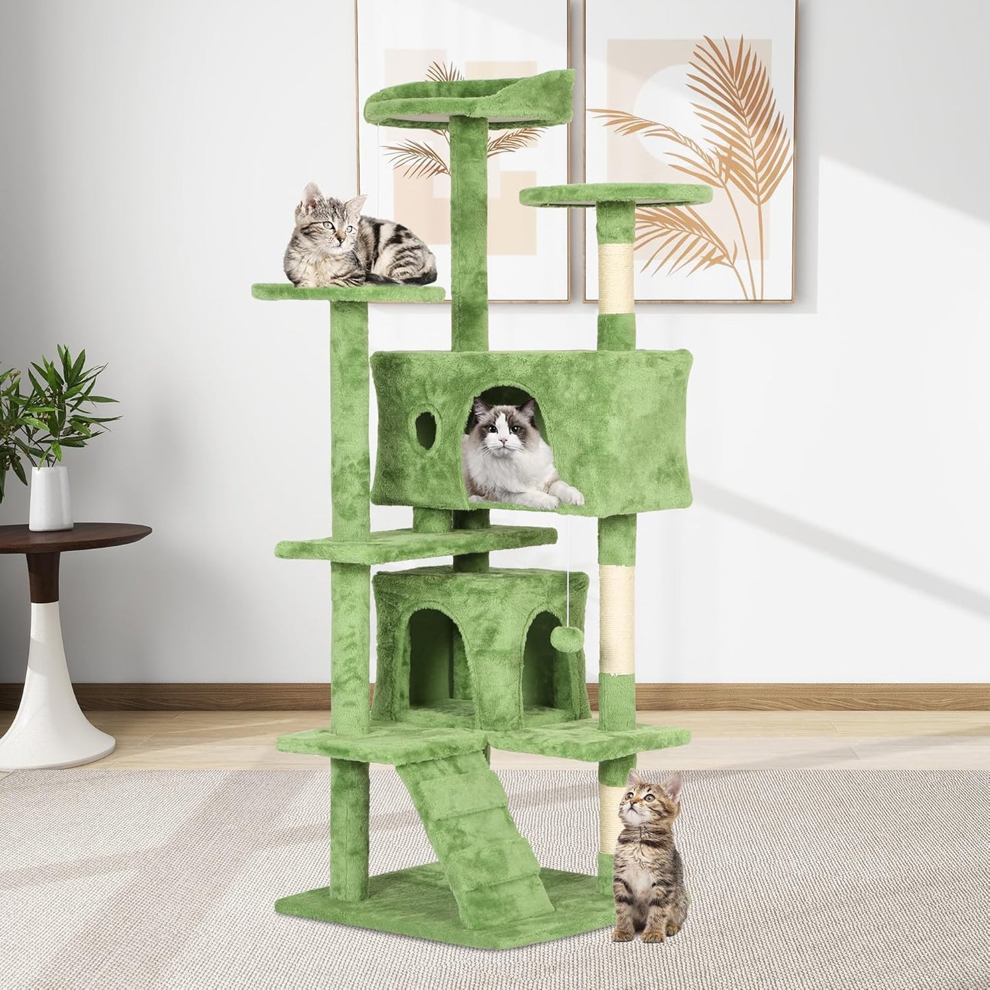 54in Cat Tree Tower for Indoor Cats,Multi-Level Cat Furniture Activity Center with Cat Scratching Posts Stand House Cat Condo with Funny Toys for Kittens Pet Play House,Green