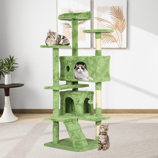 54in Cat Tree Tower for Indoor Cats,Multi-Level Cat Furniture Activity Center with Cat Scratching Posts Stand House Cat Condo with Funny Toys for Kittens Pet Play House,Green