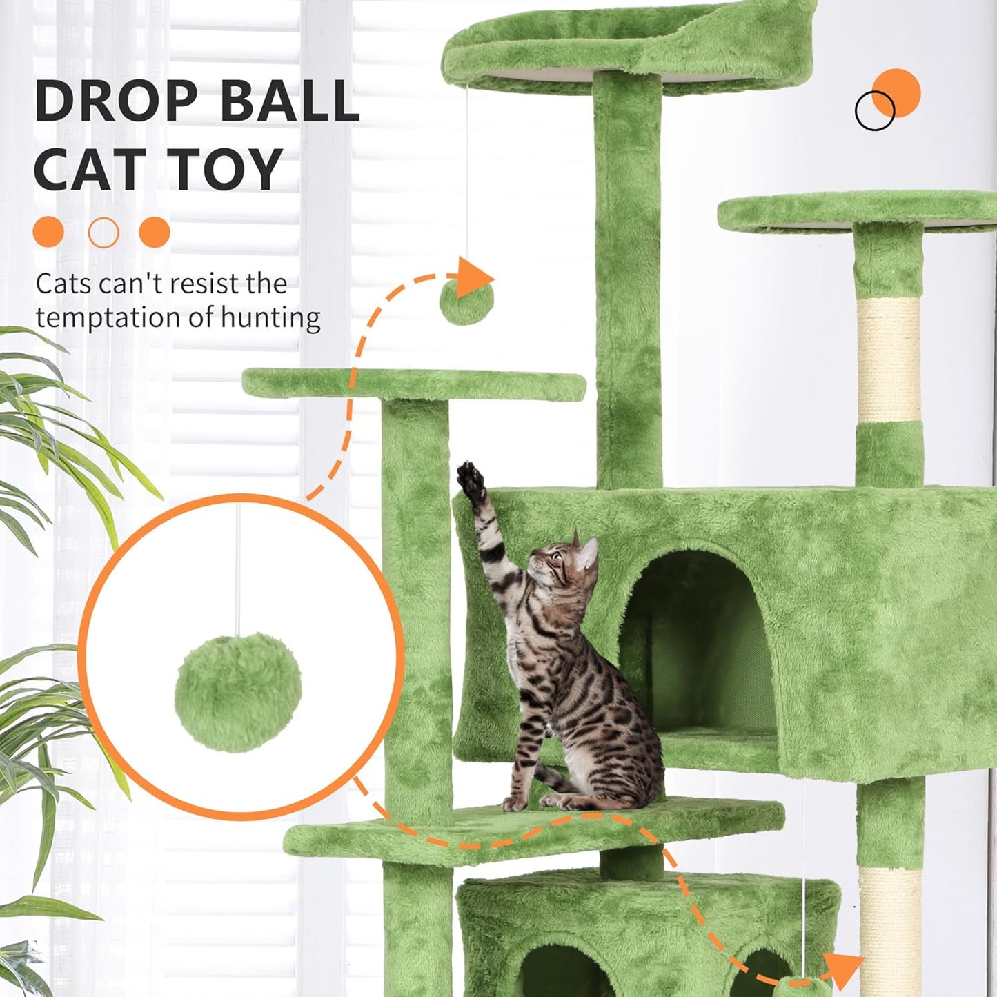 54in Cat Tree Tower for Indoor Cats,Multi-Level Cat Furniture Activity Center with Cat Scratching Posts Stand House Cat Condo with Funny Toys for Kittens Pet Play House,Green
