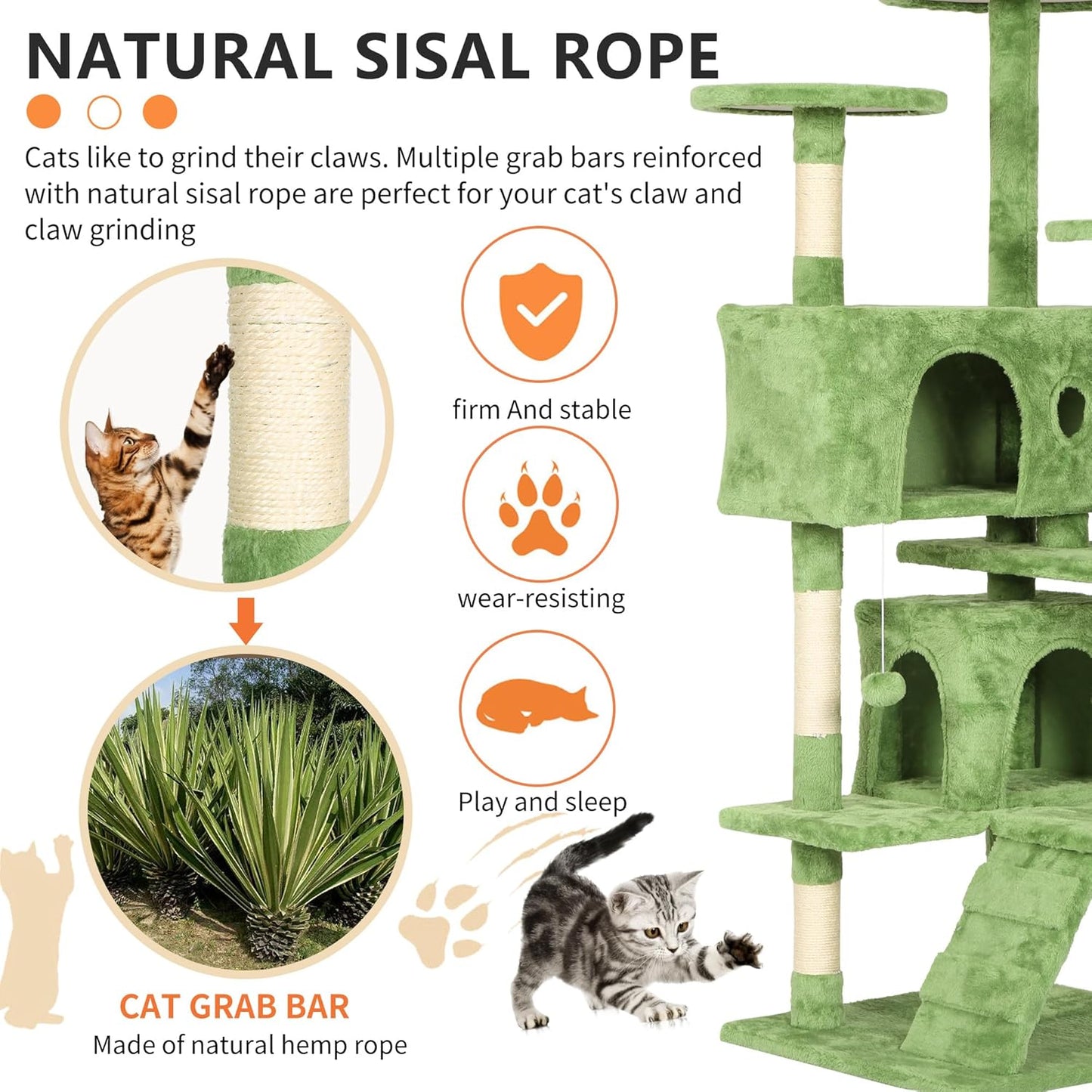 54in Cat Tree Tower for Indoor Cats,Multi-Level Cat Furniture Activity Center with Cat Scratching Posts Stand House Cat Condo with Funny Toys for Kittens Pet Play House,Green