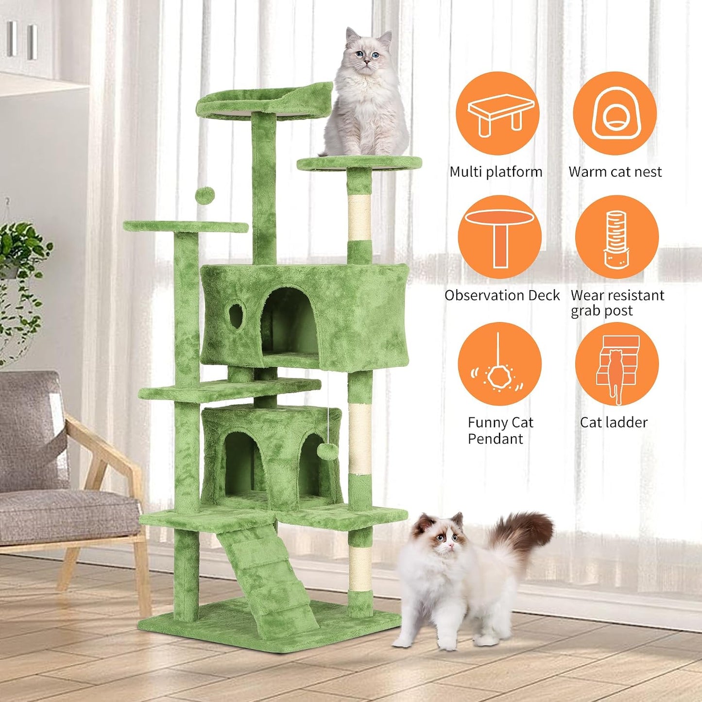 54in Cat Tree Tower for Indoor Cats,Multi-Level Cat Furniture Activity Center with Cat Scratching Posts Stand House Cat Condo with Funny Toys for Kittens Pet Play House,Green