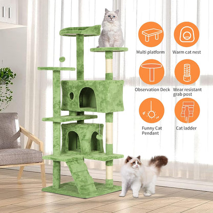 54in Cat Tree Tower for Indoor Cats,Multi-Level Cat Furniture Activity Center with Cat Scratching Posts Stand House Cat Condo with Funny Toys for Kittens Pet Play House,Green