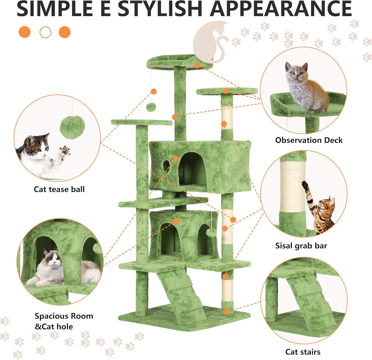 54in Cat Tree Tower for Indoor Cats,Multi-Level Cat Furniture Activity Center with Cat Scratching Posts Stand House Cat Condo with Funny Toys for Kittens Pet Play House,Green