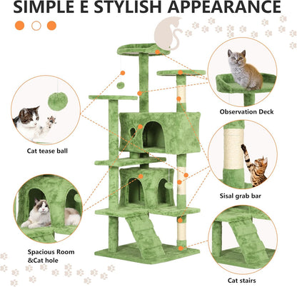 54in Cat Tree Tower for Indoor Cats,Multi-Level Cat Furniture Activity Center with Cat Scratching Posts Stand House Cat Condo with Funny Toys for Kittens Pet Play House,Green