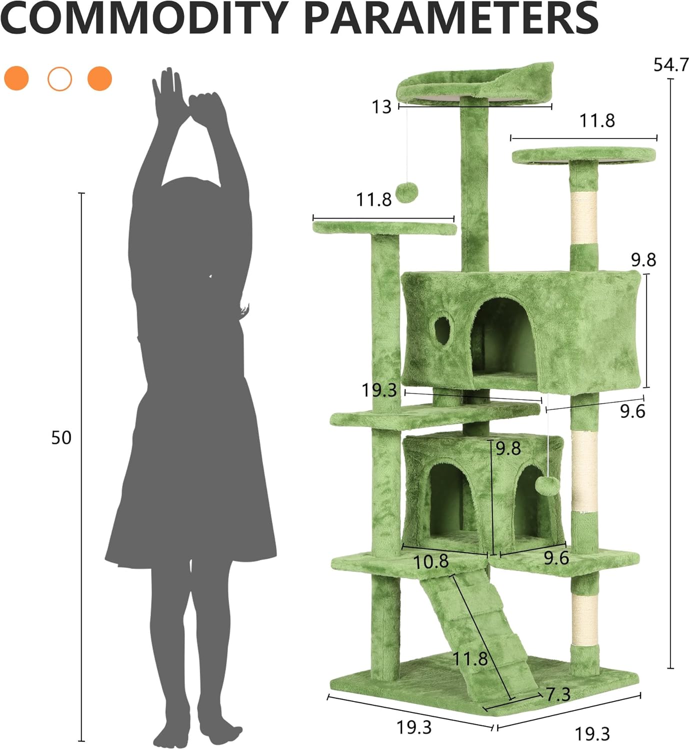 54in Cat Tree Tower for Indoor Cats,Multi-Level Cat Furniture Activity Center with Cat Scratching Posts Stand House Cat Condo with Funny Toys for Kittens Pet Play House,Green