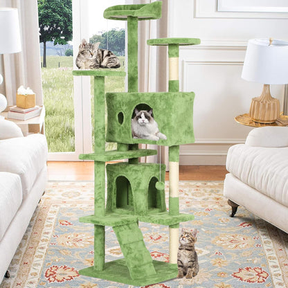 54in Cat Tree Tower for Indoor Cats,Multi-Level Cat Furniture Activity Center with Cat Scratching Posts Stand House Cat Condo with Funny Toys for Kittens Pet Play House,Green