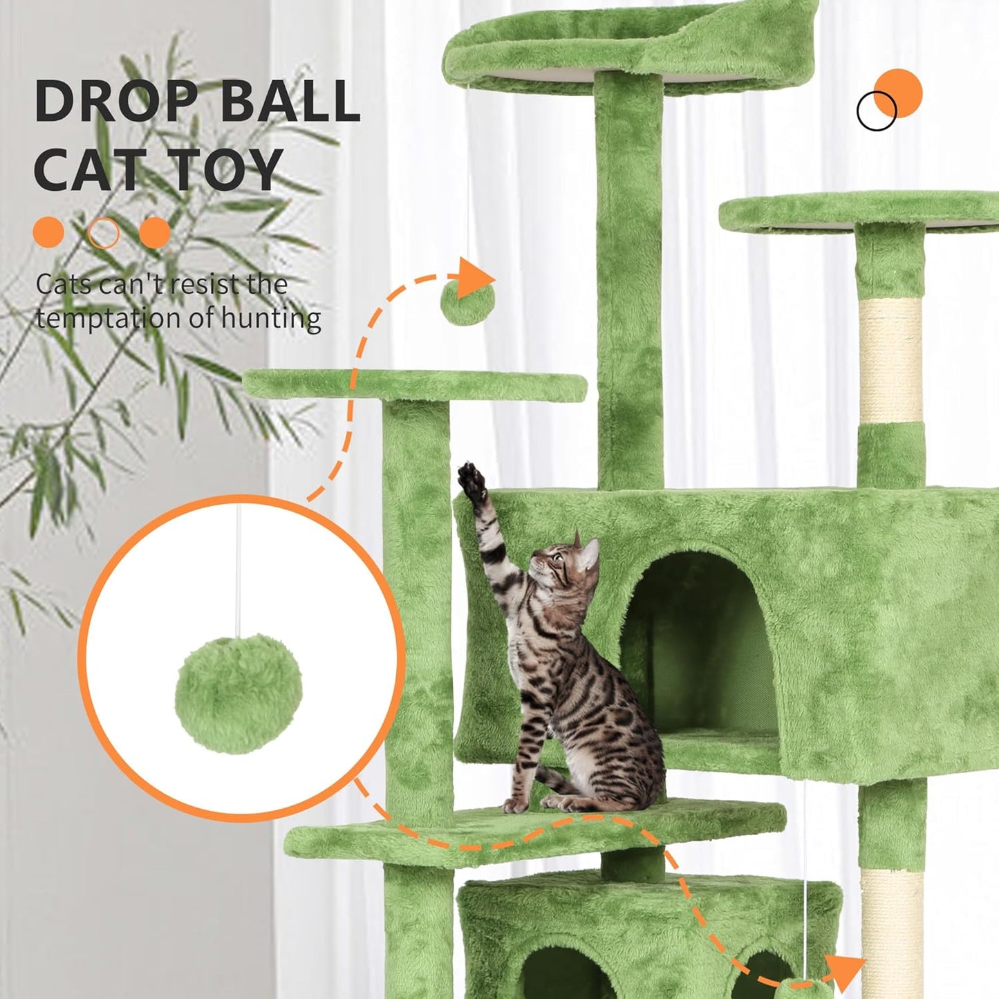 54in Cat Tree Tower for Indoor Cats,Multi-Level Cat Furniture Activity Center with Cat Scratching Posts Stand House Cat Condo with Funny Toys for Kittens Pet Play House,Green