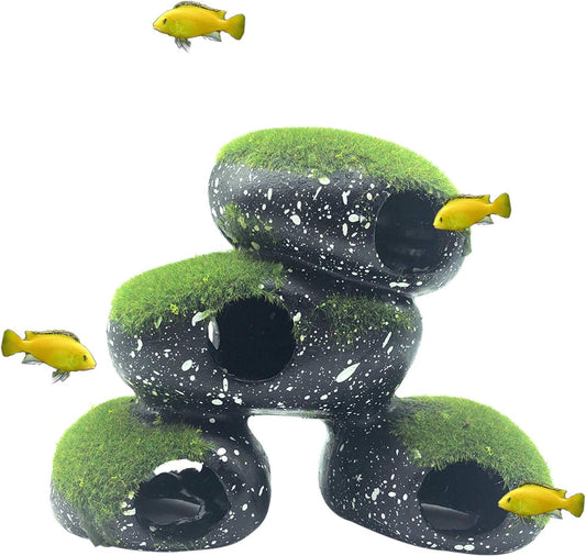Stone Aquarium Hideaway Decoration Resin Cichlids Rock Decor with Artificial Moss Betta Cave Hideout Shelter Tunnel Fish Tank Ornament for Shrimp,Short Bream and Crayfish(L)