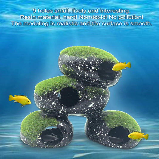 Stone Aquarium Hideaway Decoration Resin Cichlids Rock Decor with Artificial Moss Betta Cave Hideout Shelter Tunnel Fish Tank Ornament for Shrimp,Short Bream and Crayfish(L)