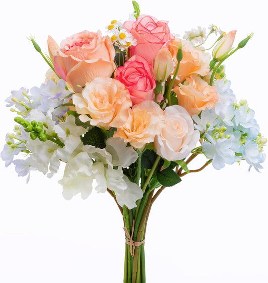 15-Stems Curated Artificial Flower Set, 17.5" Faux Silk Rose & Lisianthus, Long Stem Fake Flowers for Vase, Decorative Floral Centerpieces for Dining Table, Wedding Centerpieces (Vase Not Included)