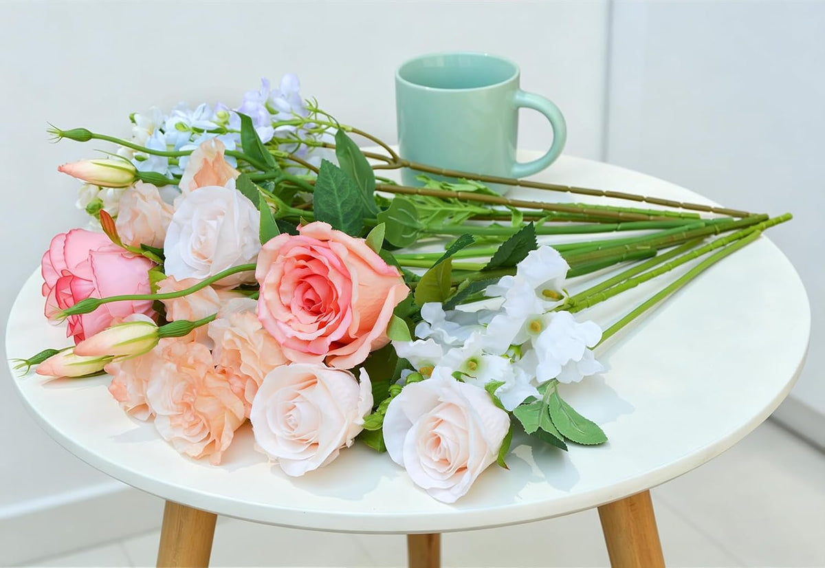 15-Stems Curated Artificial Flower Set, 17.5" Faux Silk Rose & Lisianthus, Long Stem Fake Flowers for Vase, Decorative Floral Centerpieces for Dining Table, Wedding Centerpieces (Vase Not Included)