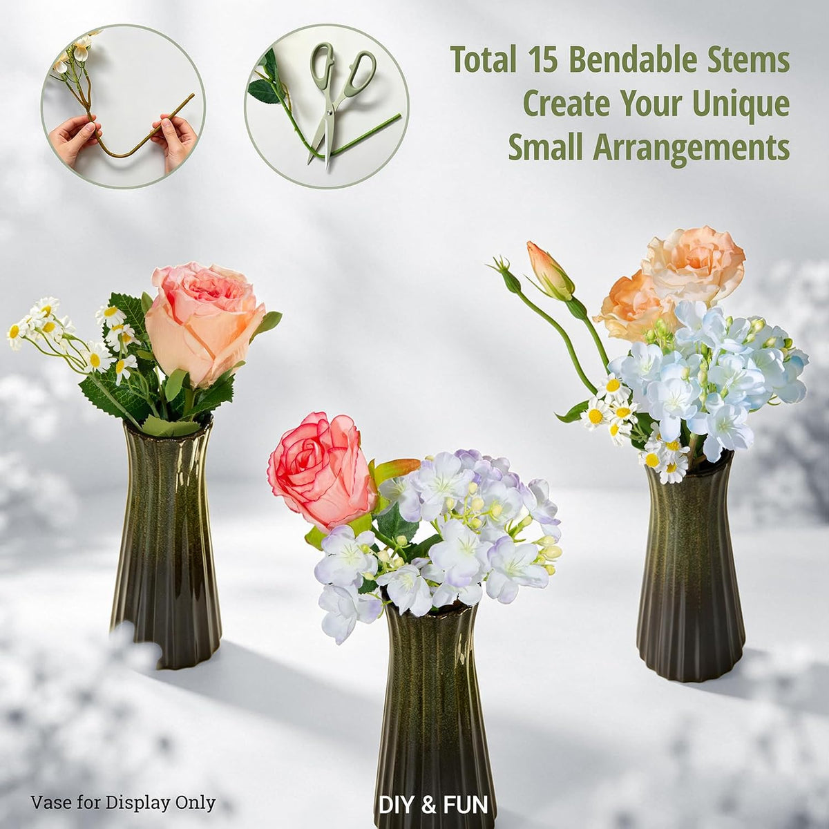 15-Stems Curated Artificial Flower Set, 17.5" Faux Silk Rose & Lisianthus, Long Stem Fake Flowers for Vase, Decorative Floral Centerpieces for Dining Table, Wedding Centerpieces (Vase Not Included)