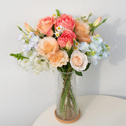 15-Stems Curated Artificial Flower Set, 17.5" Faux Silk Rose & Lisianthus, Long Stem Fake Flowers for Vase, Decorative Floral Centerpieces for Dining Table, Wedding Centerpieces (Vase Not Included)