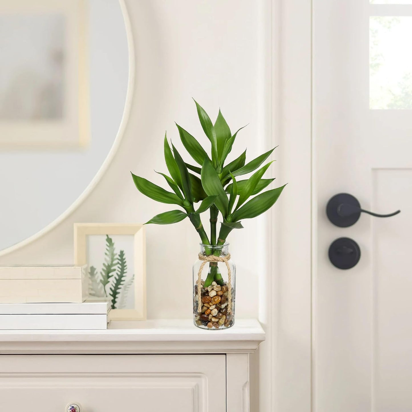 Artificial Lucky Bamboo Plant 17.3 Fake Plant in Rectangular Glass Pot for Centerpiece Table Decorations Farmhouse Wedding Home Greenery Decor