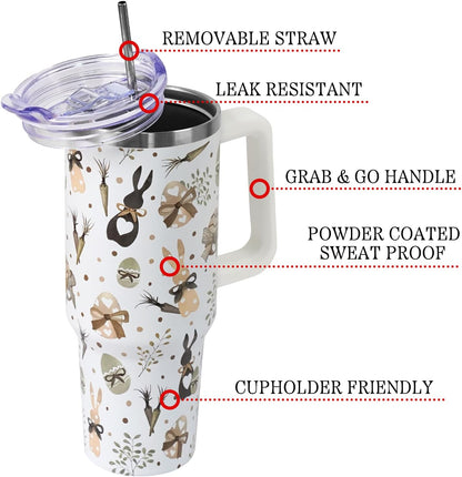 Floral Lemon Tumbler with Handle and Straw Lid 40 oz,Cute Spring Summer Gift for Women Men Friends Boho Flowers Vacuum Insulated Leak Proof Stainless Steel Coffee Cup Mug