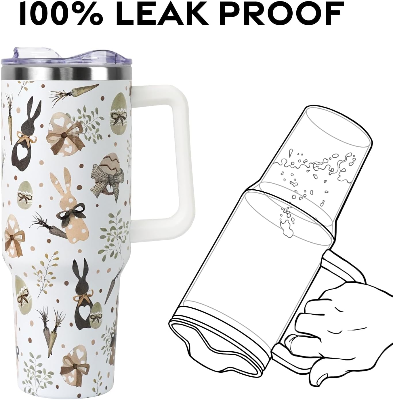 Floral Lemon Tumbler with Handle and Straw Lid 40 oz,Cute Spring Summer Gift for Women Men Friends Boho Flowers Vacuum Insulated Leak Proof Stainless Steel Coffee Cup Mug