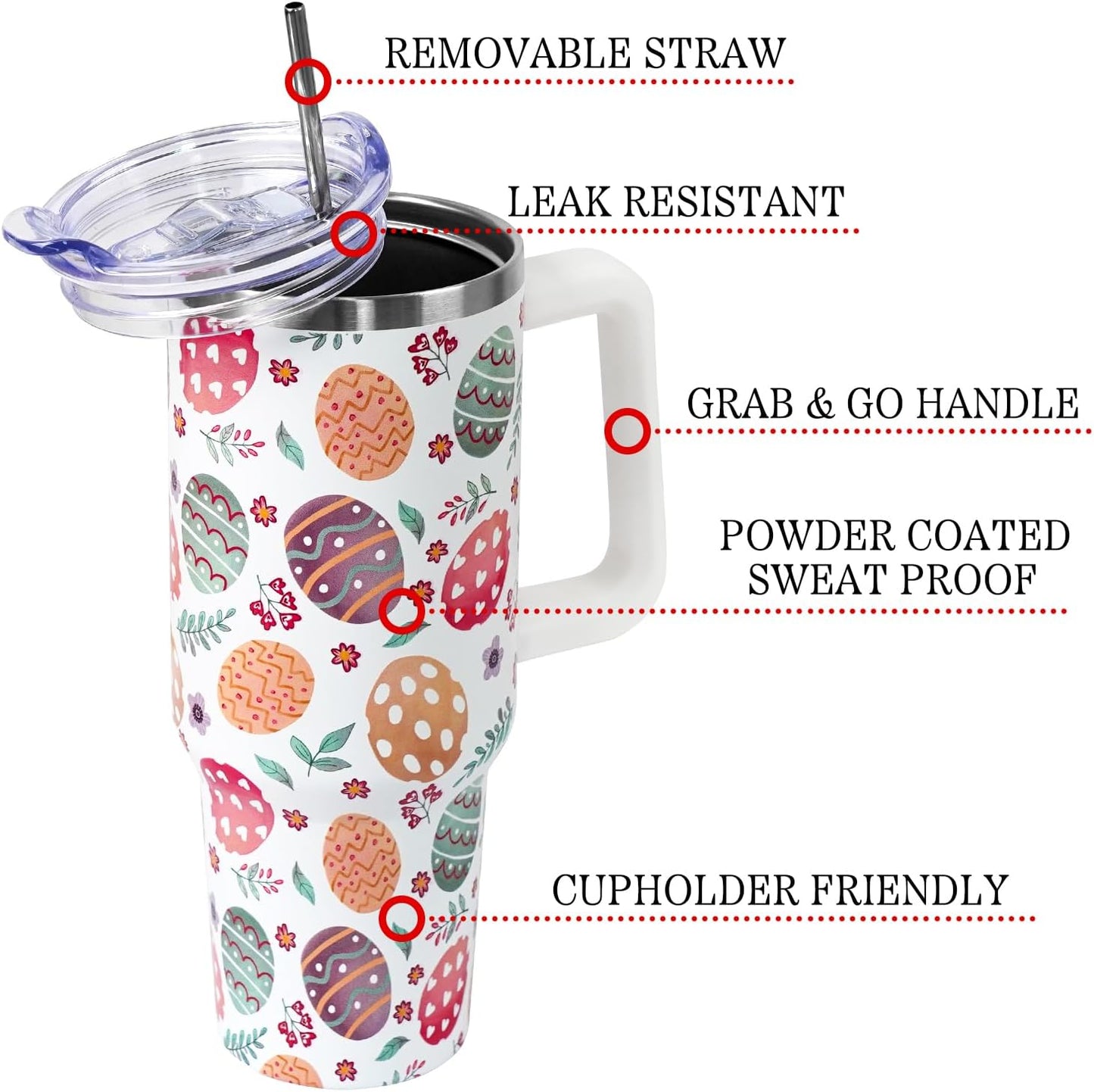 Floral Lemon Tumbler with Handle and Straw Lid 40 oz,Cute Spring Summer Gift for Women Men Friends Boho Flowers Vacuum Insulated Leak Proof Stainless Steel Coffee Cup Mug