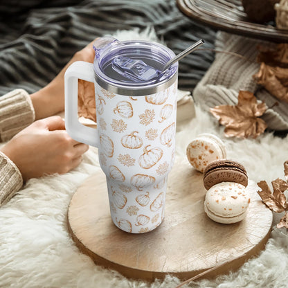 Floral Lemon Tumbler with Handle and Straw Lid 40 oz,Cute Spring Summer Gift for Women Men Friends Boho Flowers Vacuum Insulated Leak Proof Stainless Steel Coffee Cup Mug