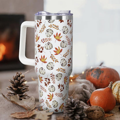 Floral Lemon Tumbler with Handle and Straw Lid 40 oz,Cute Spring Summer Gift for Women Men Friends Boho Flowers Vacuum Insulated Leak Proof Stainless Steel Coffee Cup Mug