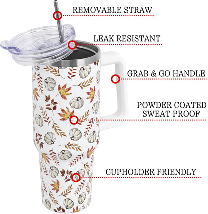 Floral Lemon Tumbler with Handle and Straw Lid 40 oz,Cute Spring Summer Gift for Women Men Friends Boho Flowers Vacuum Insulated Leak Proof Stainless Steel Coffee Cup Mug
