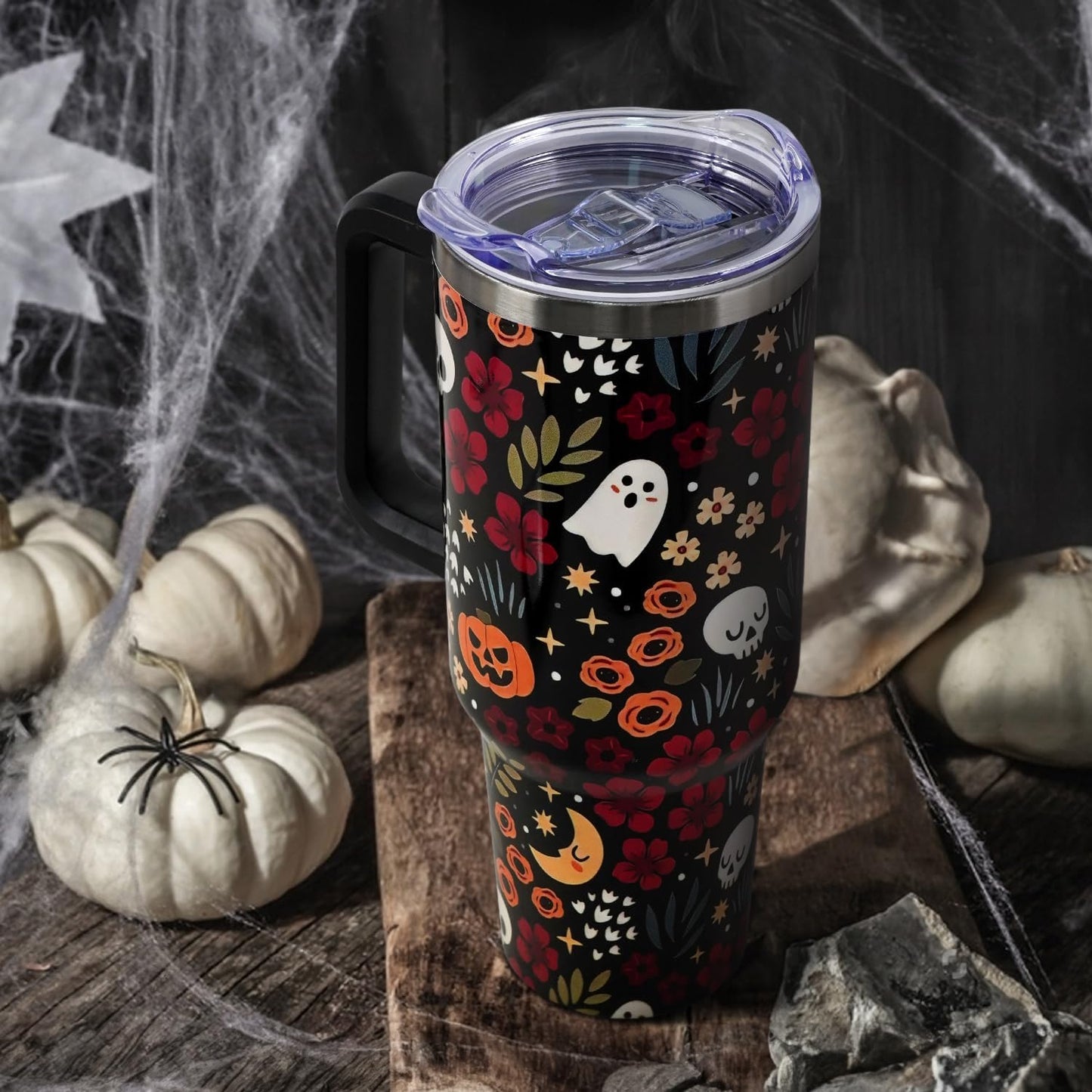 Floral Lemon Tumbler with Handle and Straw Lid 40 oz,Cute Spring Summer Gift for Women Men Friends Boho Flowers Vacuum Insulated Leak Proof Stainless Steel Coffee Cup Mug