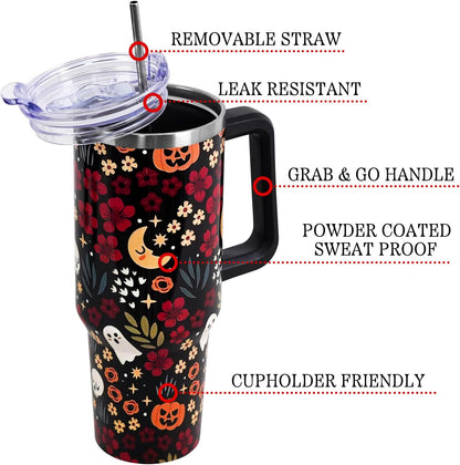 Floral Lemon Tumbler with Handle and Straw Lid 40 oz,Cute Spring Summer Gift for Women Men Friends Boho Flowers Vacuum Insulated Leak Proof Stainless Steel Coffee Cup Mug