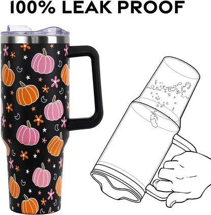 Floral Lemon Tumbler with Handle and Straw Lid 40 oz,Cute Spring Summer Gift for Women Men Friends Boho Flowers Vacuum Insulated Leak Proof Stainless Steel Coffee Cup Mug