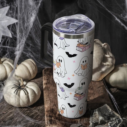 Floral Lemon Tumbler with Handle and Straw Lid 40 oz,Cute Spring Summer Gift for Women Men Friends Boho Flowers Vacuum Insulated Leak Proof Stainless Steel Coffee Cup Mug