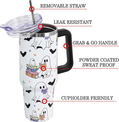 Floral Lemon Tumbler with Handle and Straw Lid 40 oz,Cute Spring Summer Gift for Women Men Friends Boho Flowers Vacuum Insulated Leak Proof Stainless Steel Coffee Cup Mug