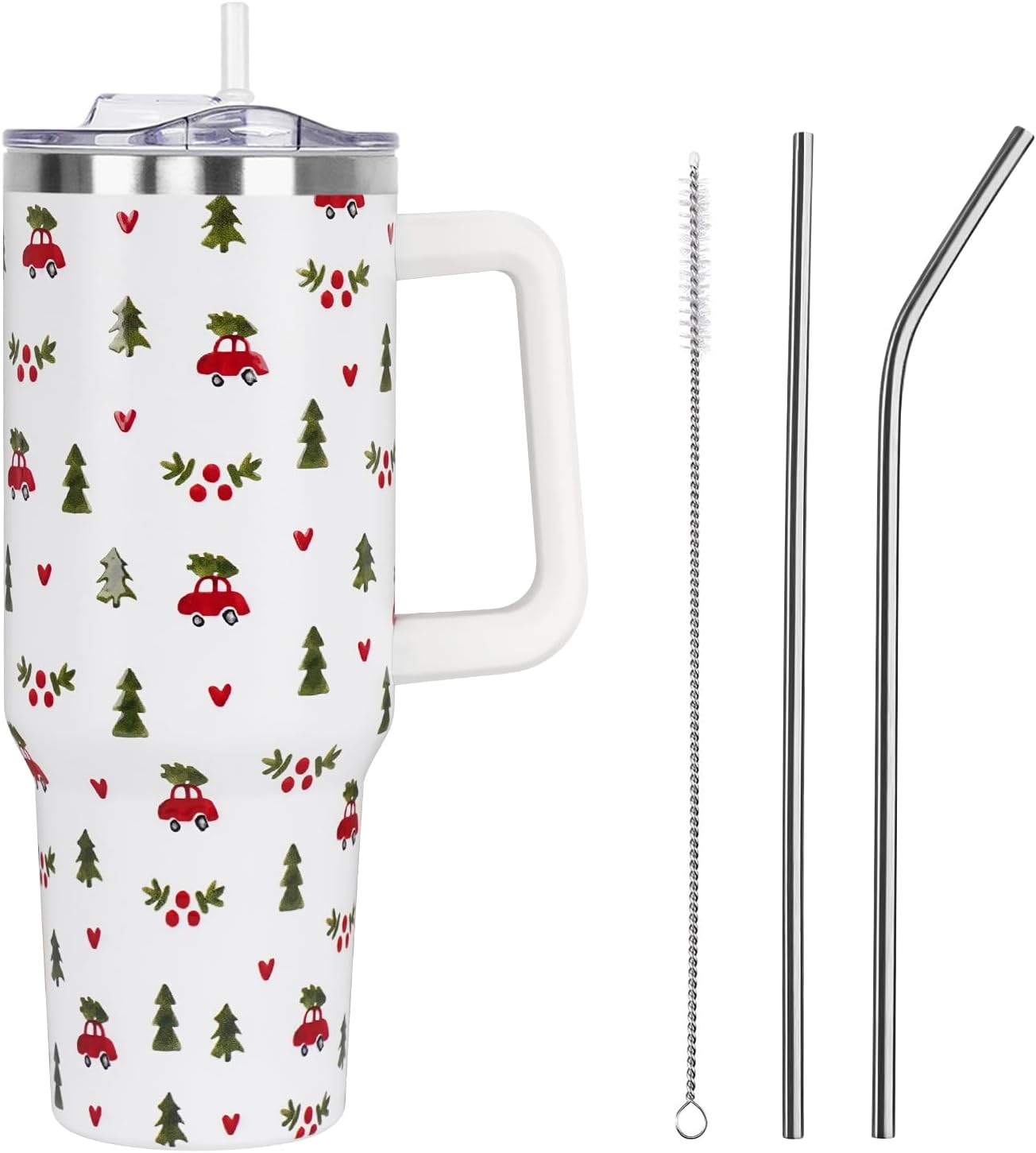 Floral Lemon Tumbler with Handle and Straw Lid 40 oz,Cute Spring Summer Gift for Women Men Friends Boho Flowers Vacuum Insulated Leak Proof Stainless Steel Coffee Cup Mug
