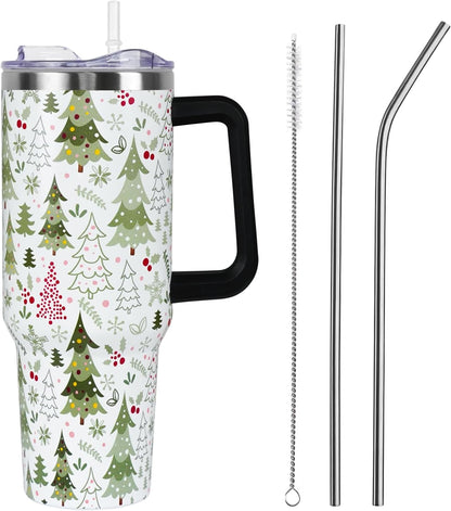 Floral Lemon Tumbler with Handle and Straw Lid 40 oz,Cute Spring Summer Gift for Women Men Friends Boho Flowers Vacuum Insulated Leak Proof Stainless Steel Coffee Cup Mug