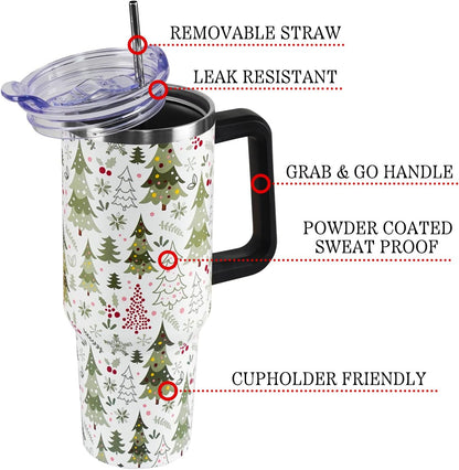 Floral Lemon Tumbler with Handle and Straw Lid 40 oz,Cute Spring Summer Gift for Women Men Friends Boho Flowers Vacuum Insulated Leak Proof Stainless Steel Coffee Cup Mug