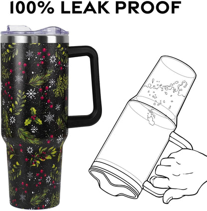 Floral Lemon Tumbler with Handle and Straw Lid 40 oz,Cute Spring Summer Gift for Women Men Friends Boho Flowers Vacuum Insulated Leak Proof Stainless Steel Coffee Cup Mug