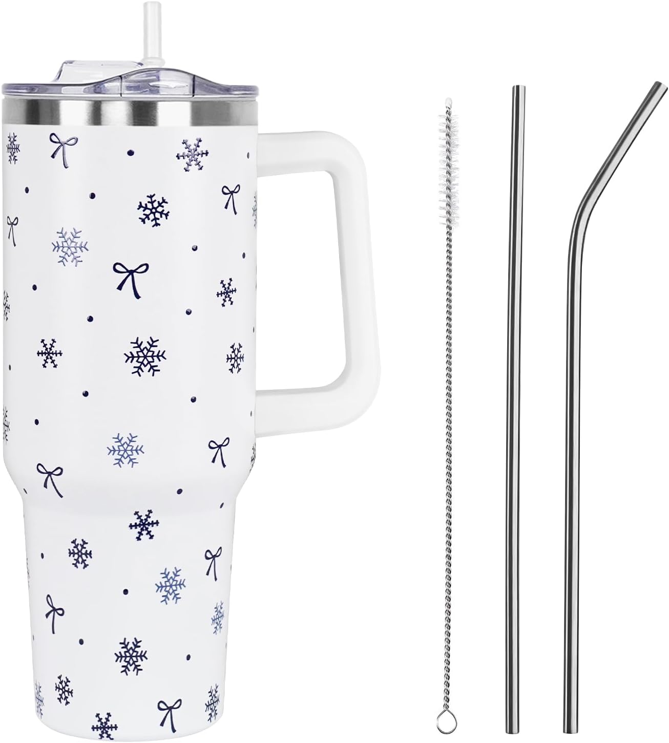 Floral Lemon Tumbler with Handle and Straw Lid 40 oz,Cute Spring Summer Gift for Women Men Friends Boho Flowers Vacuum Insulated Leak Proof Stainless Steel Coffee Cup Mug