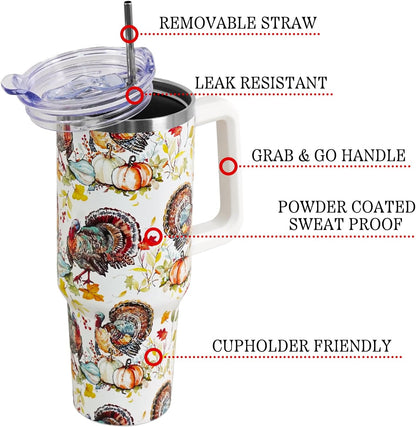 Floral Lemon Tumbler with Handle and Straw Lid 40 oz,Cute Spring Summer Gift for Women Men Friends Boho Flowers Vacuum Insulated Leak Proof Stainless Steel Coffee Cup Mug