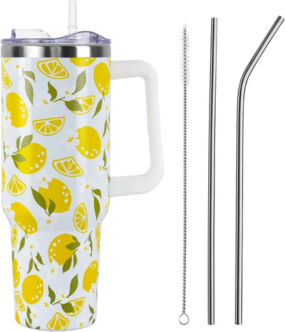 Floral Lemon Tumbler with Handle and Straw Lid 40 oz,Cute Spring Summer Gift for Women Men Friends Boho Flowers Vacuum Insulated Leak Proof Stainless Steel Coffee Cup Mug
